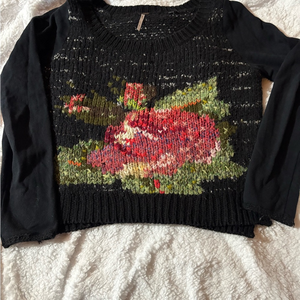 Free People Black Sweater with Floral Design